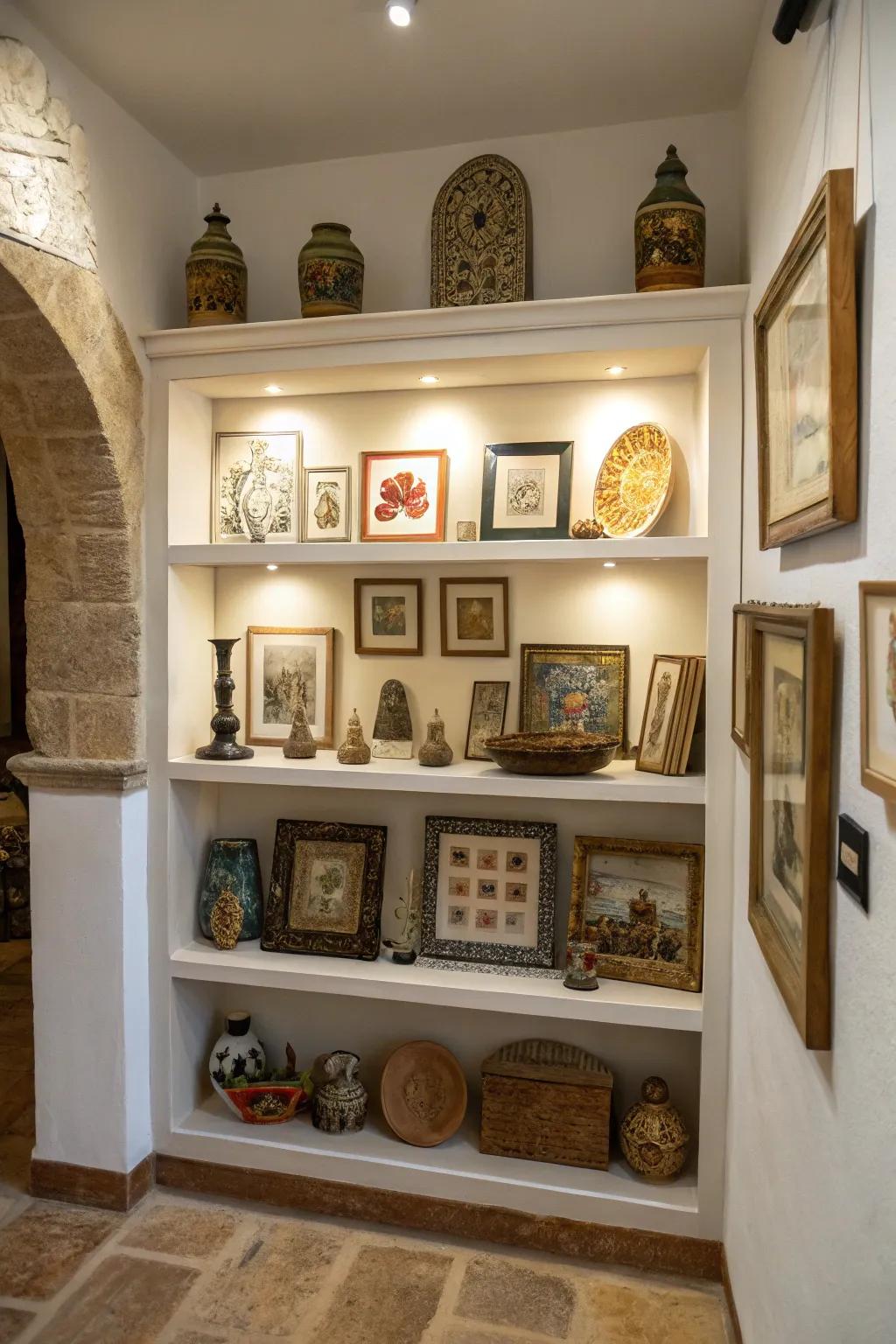 A wall niche transformed into a mini gallery with a collection of small artworks.