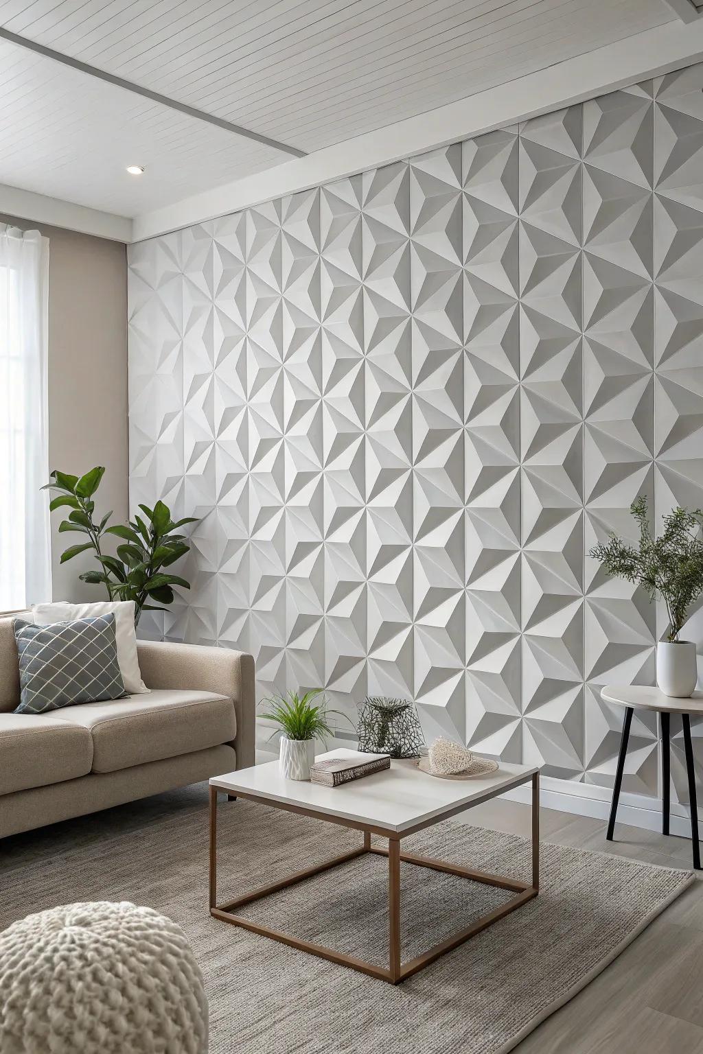 3D effect wallcovering adds dimension to a minimalist room.