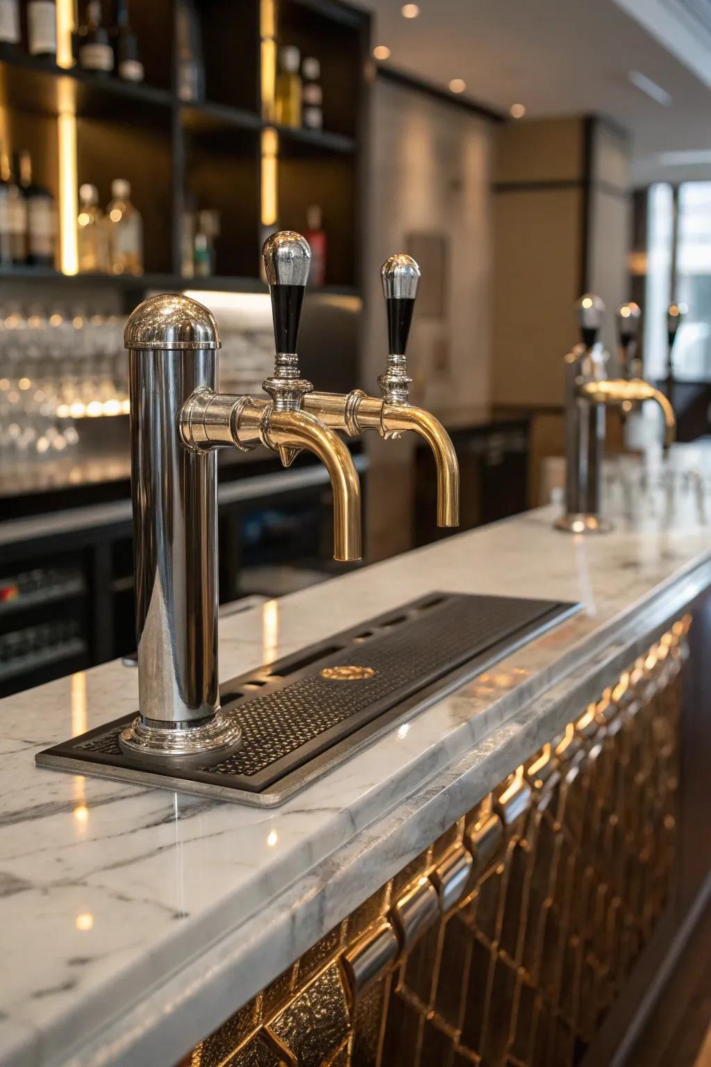 Metallic accents elevate the elegance of a modern wet bar.