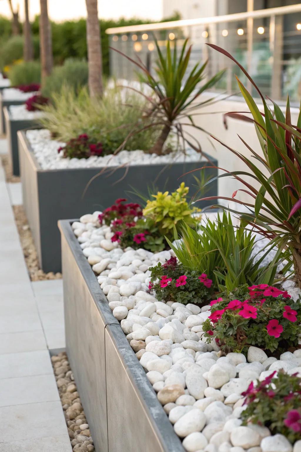 Potted gardens set among white stones, adding varied heights to the garden design.