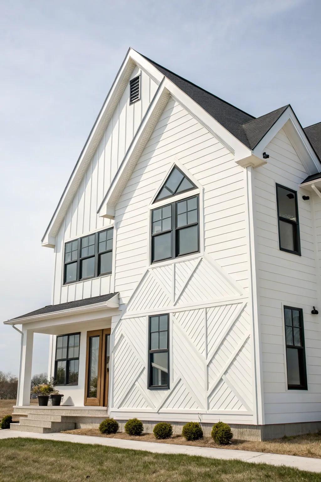 A white siding house with modern geometric elements.