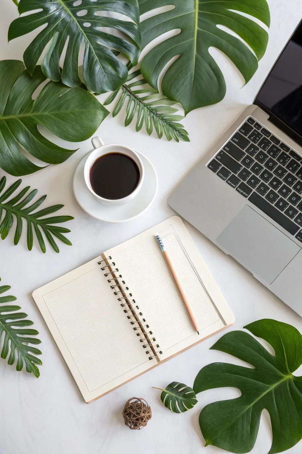 The freshness of split-leaf philodendron fronds has transformed a desk.