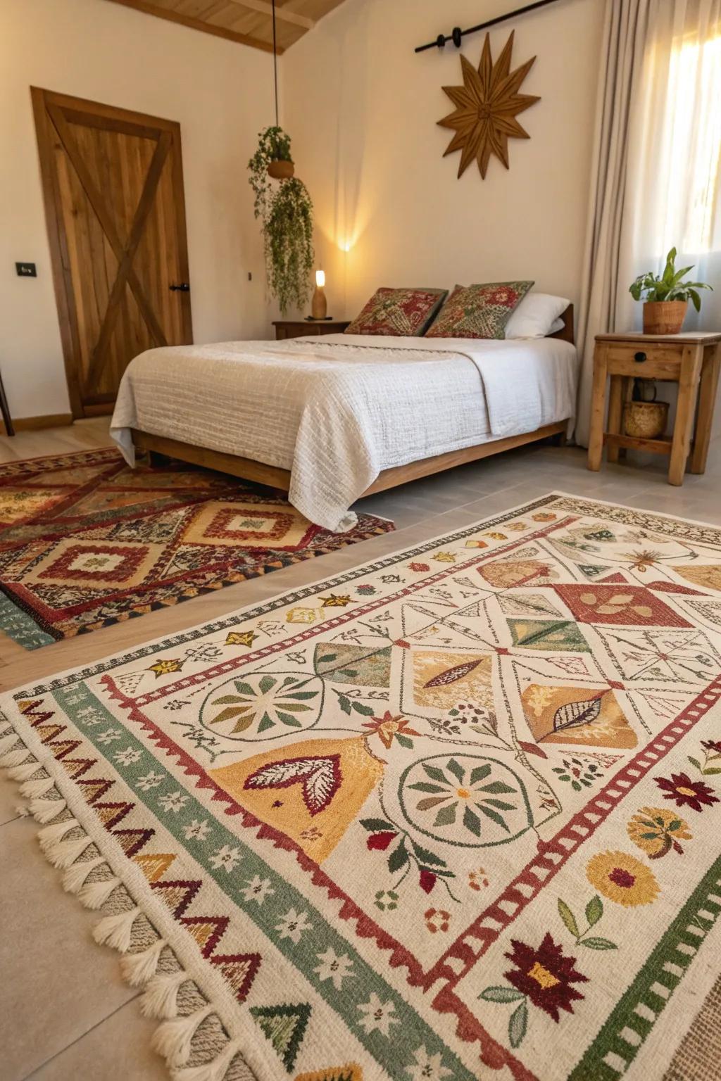 A bedroom with layered designed wraps.