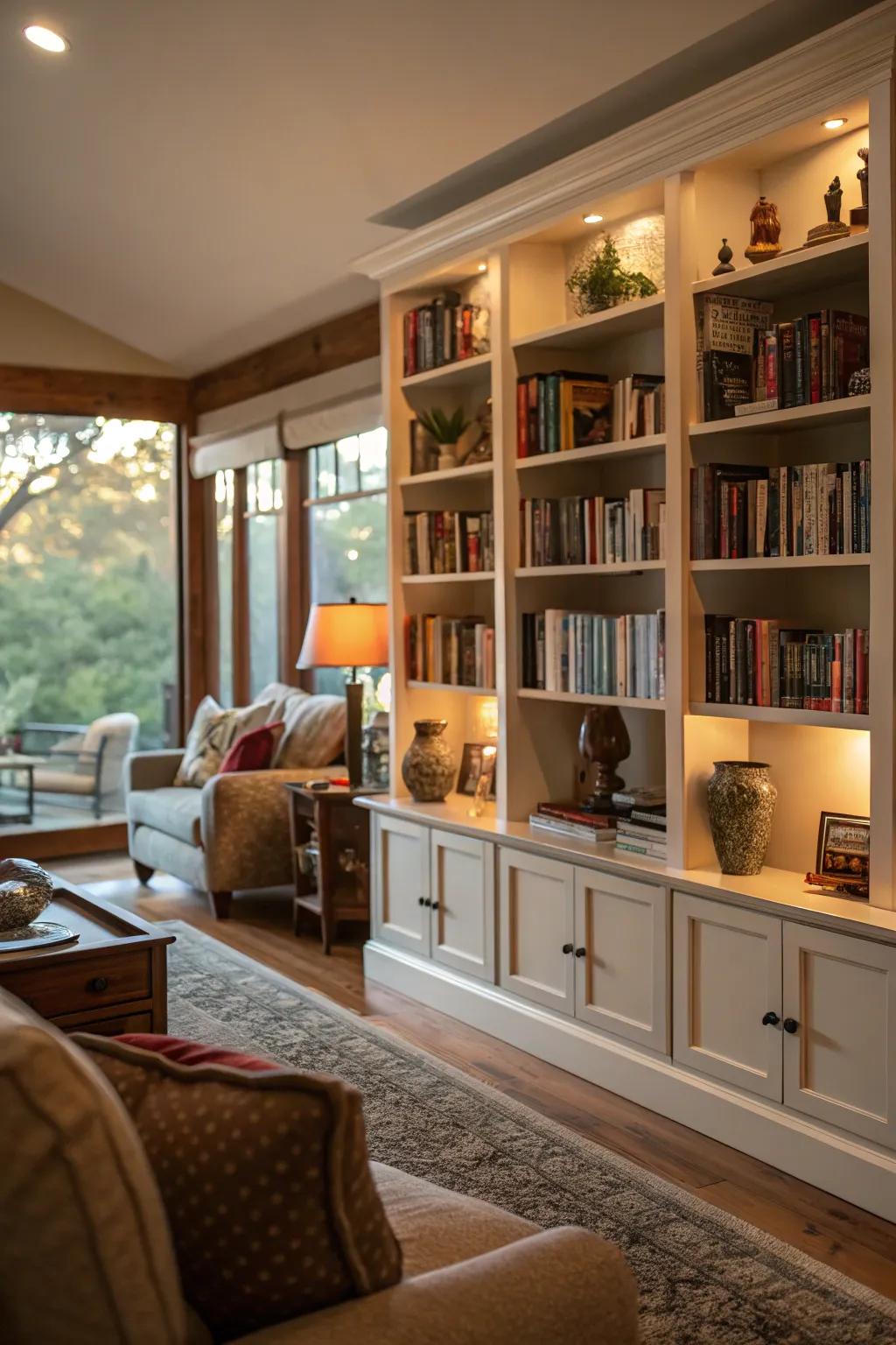 Built-in shelving units introducing character to a shadowy living area.