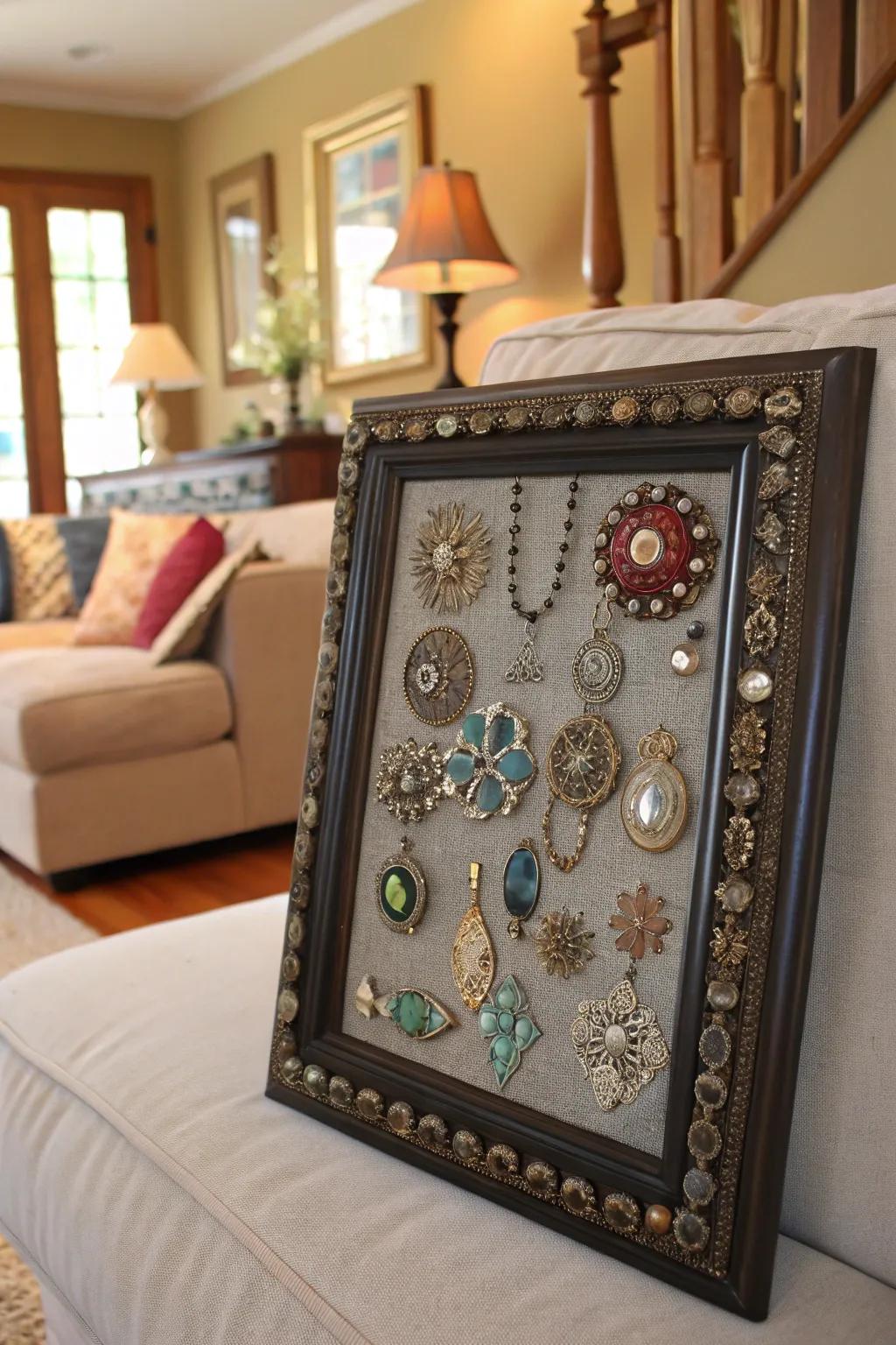 Old jewelry adds elegance and history to mosaic frames.