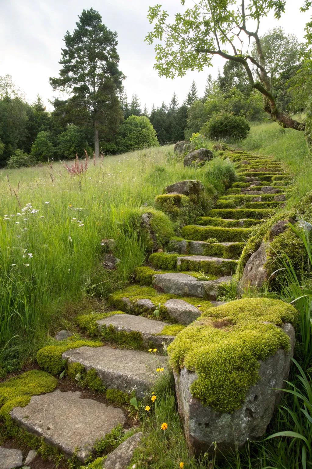 Inviting moss rock steps winding through a lush garden.