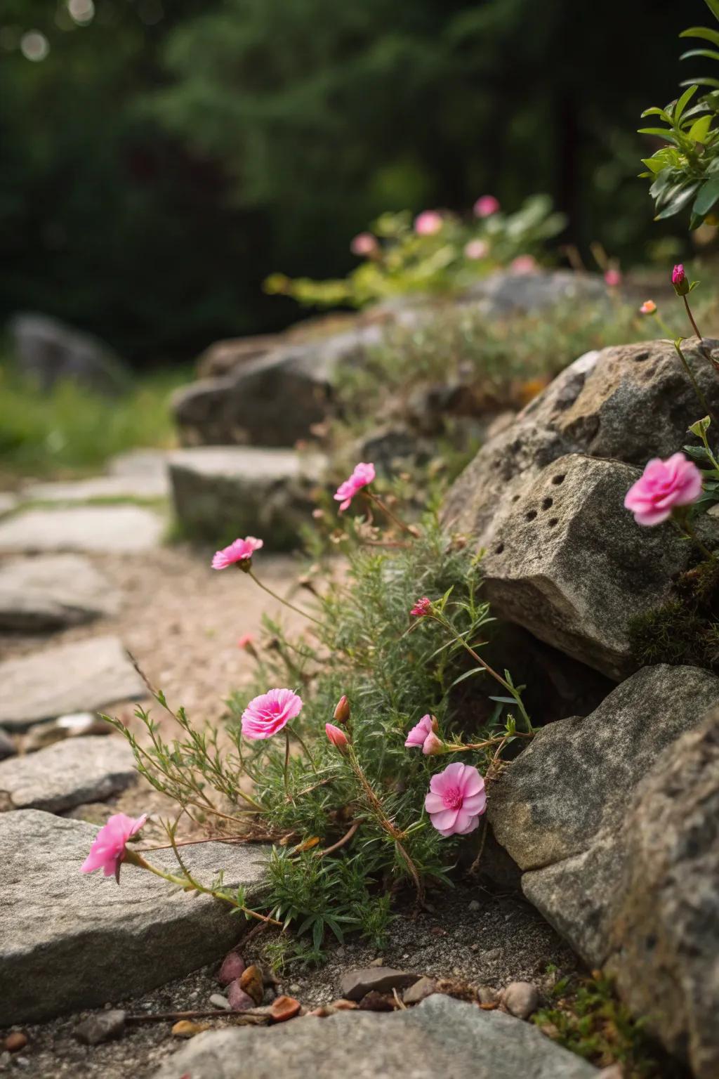 Sun jewels tucked between rocks inject color to a rock greenery.