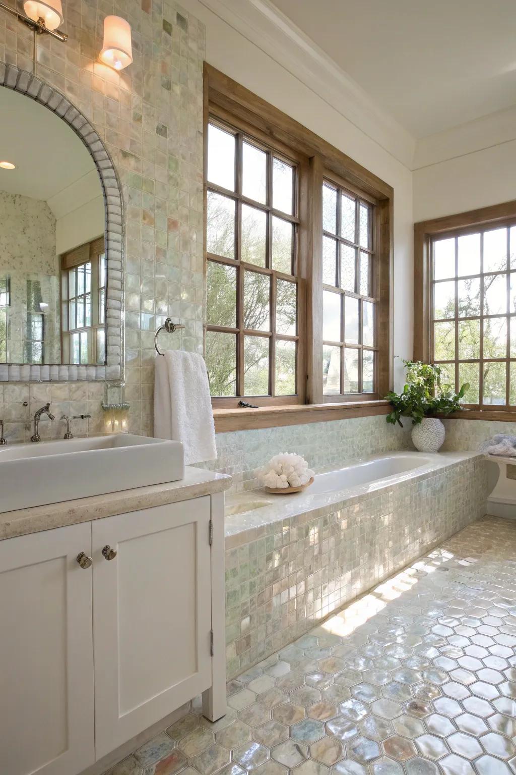 Natural light enhances the iridescent nature of nacre tiles.