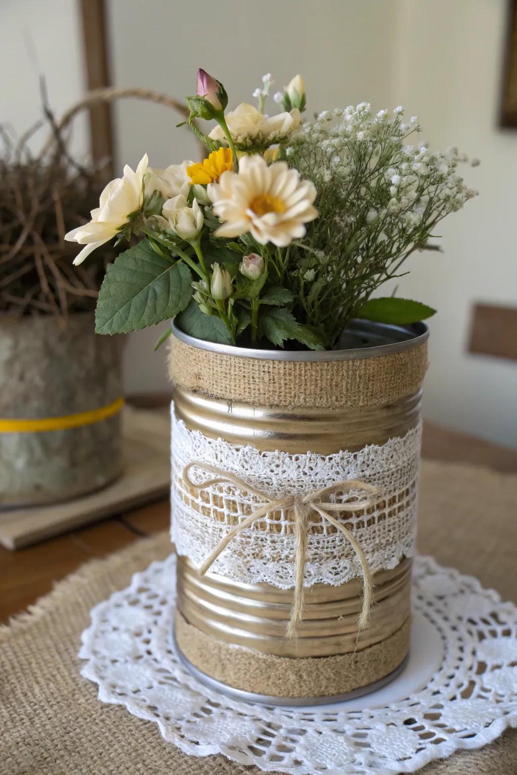 An environmentally conscious flower pot fashioned from a recycled metal can.