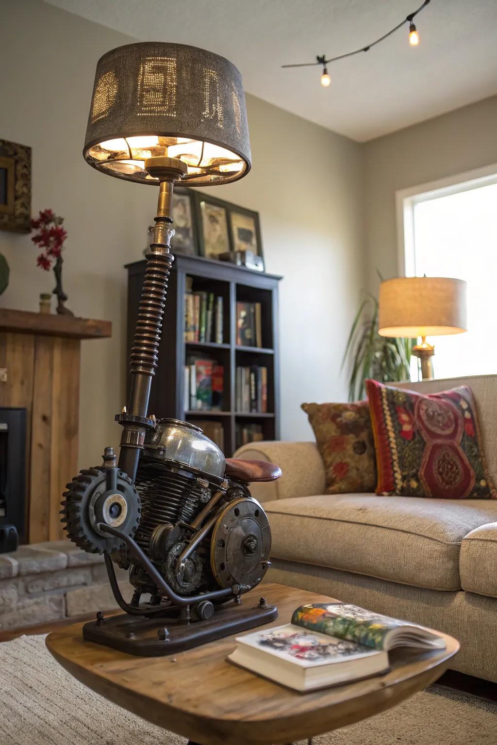 Repurposed bike parts as creative decor.