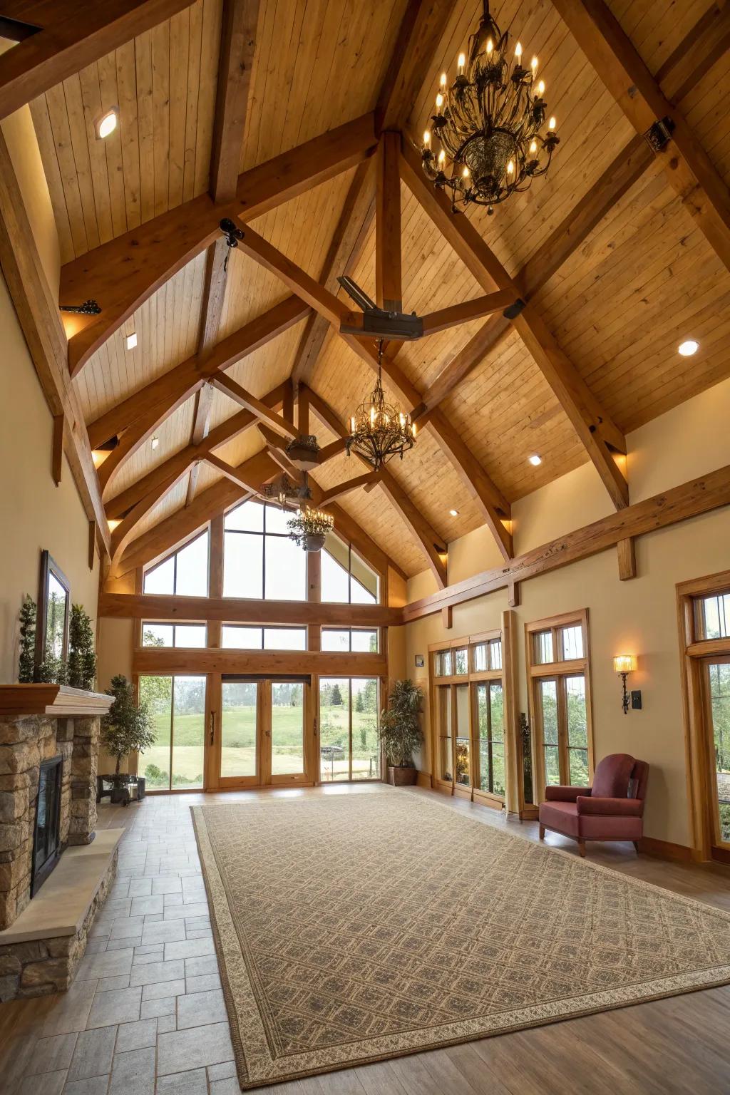 A spacious interior with high, raised ceilings and exposed beams.