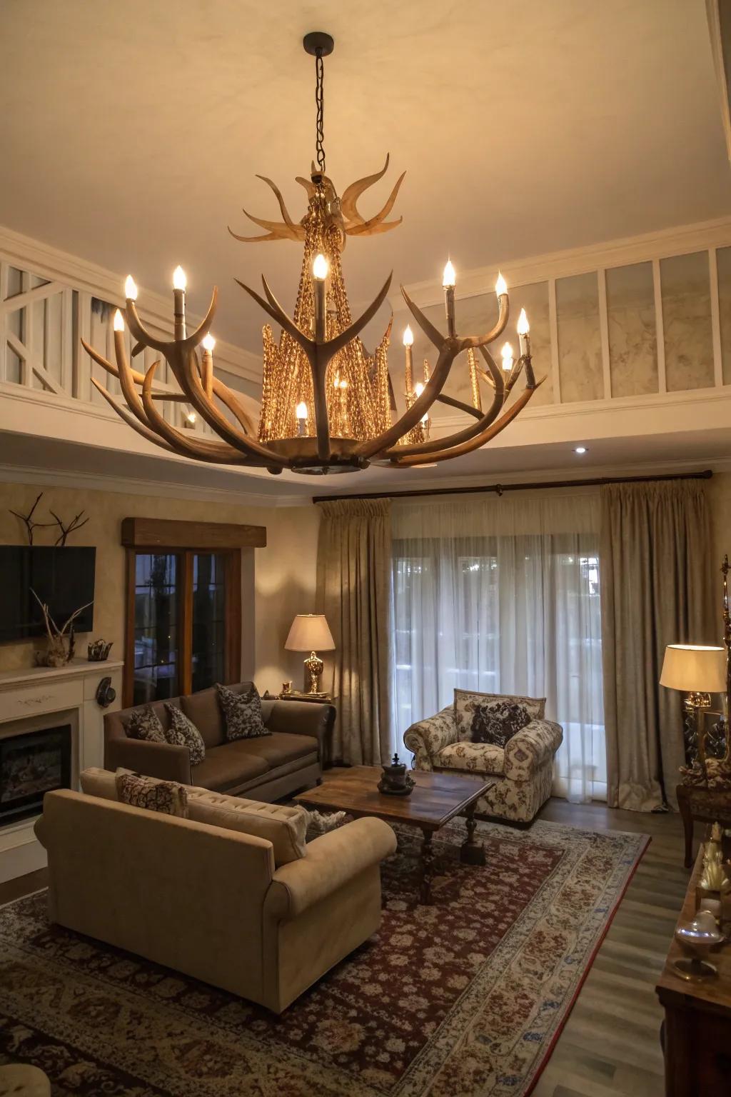 An antler chandelier adds rustic elegance to the room.