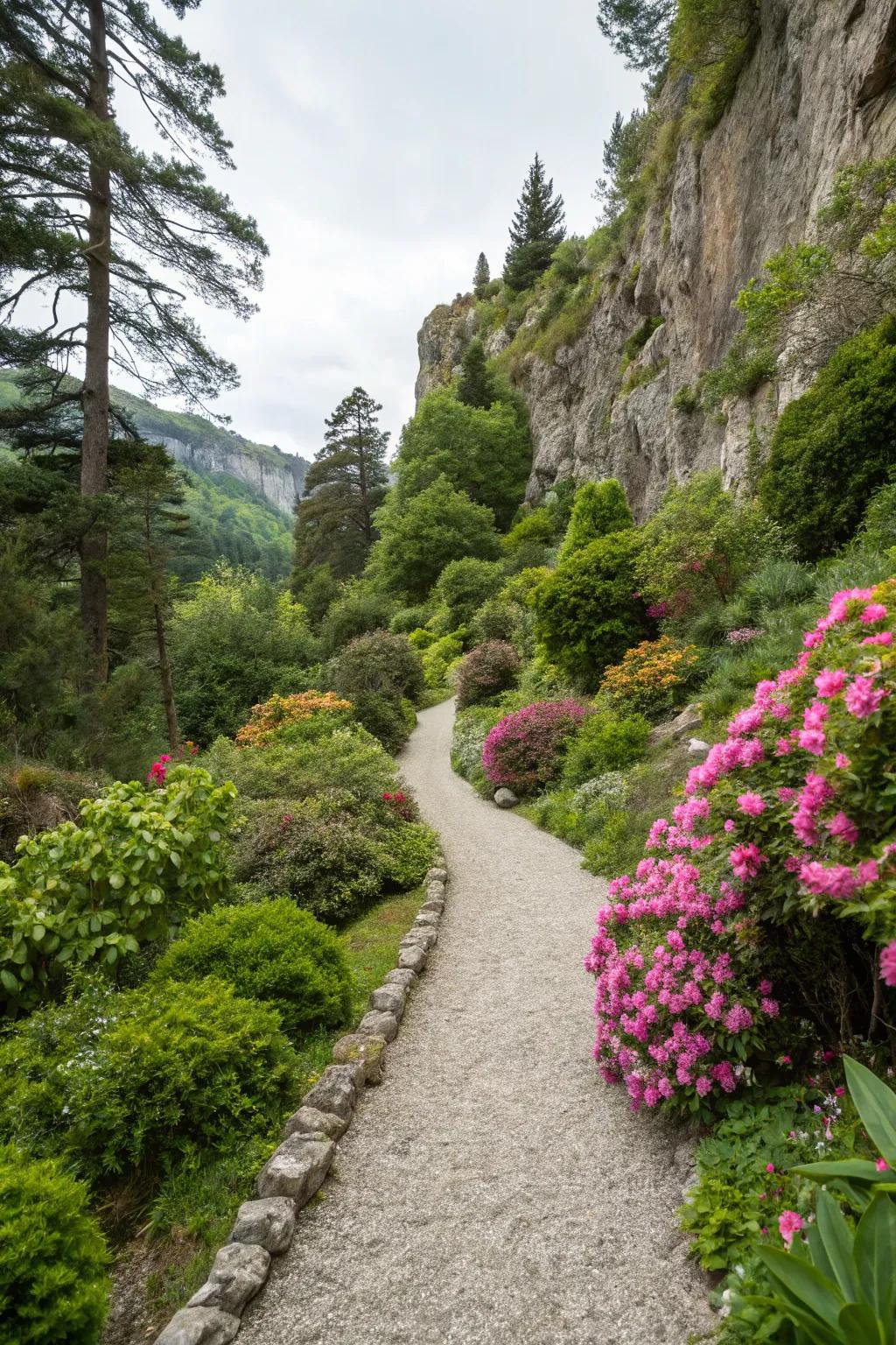 A winding gravel walkway inviting exploration through the garden.