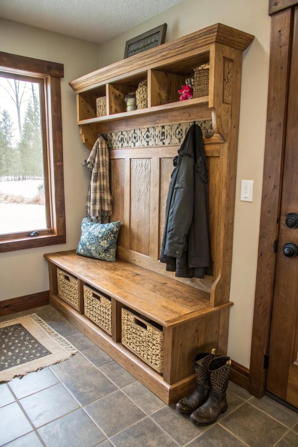 A unique DIY mudroom bench demonstrating personal style.