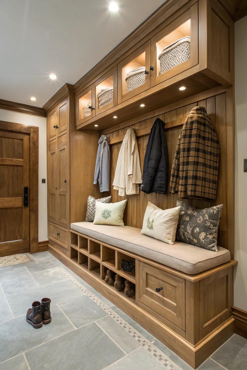 A storage-equipped bench enhances both convenience and function.