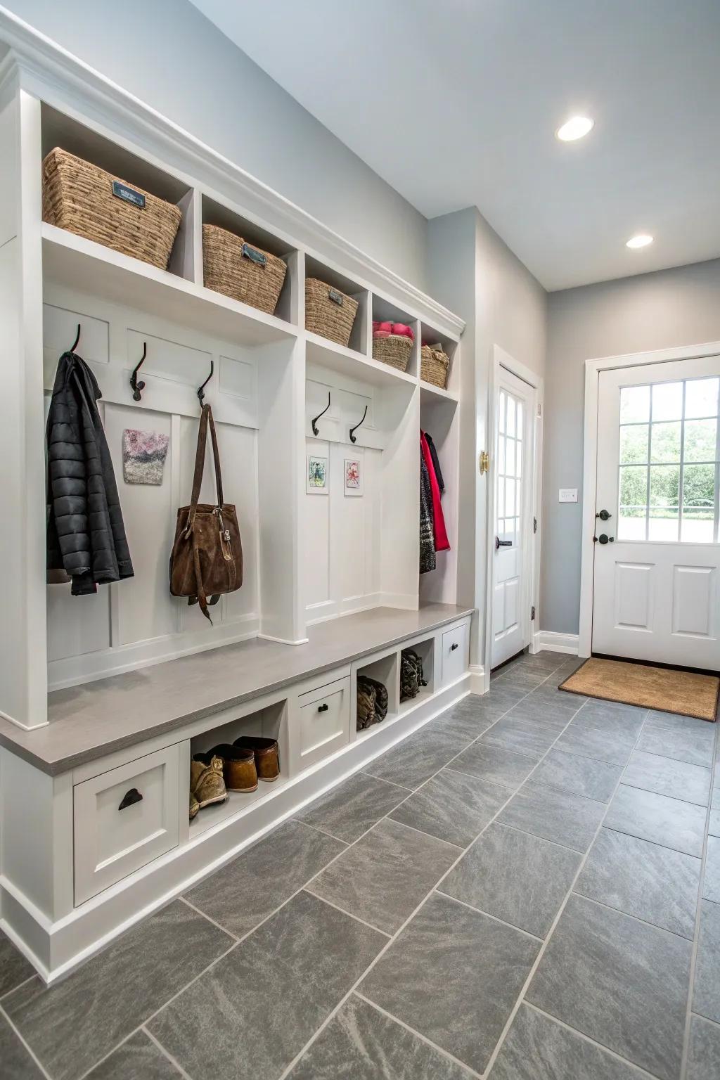 A mudroom features tough tile flooring with a modern design for both style and practicality.