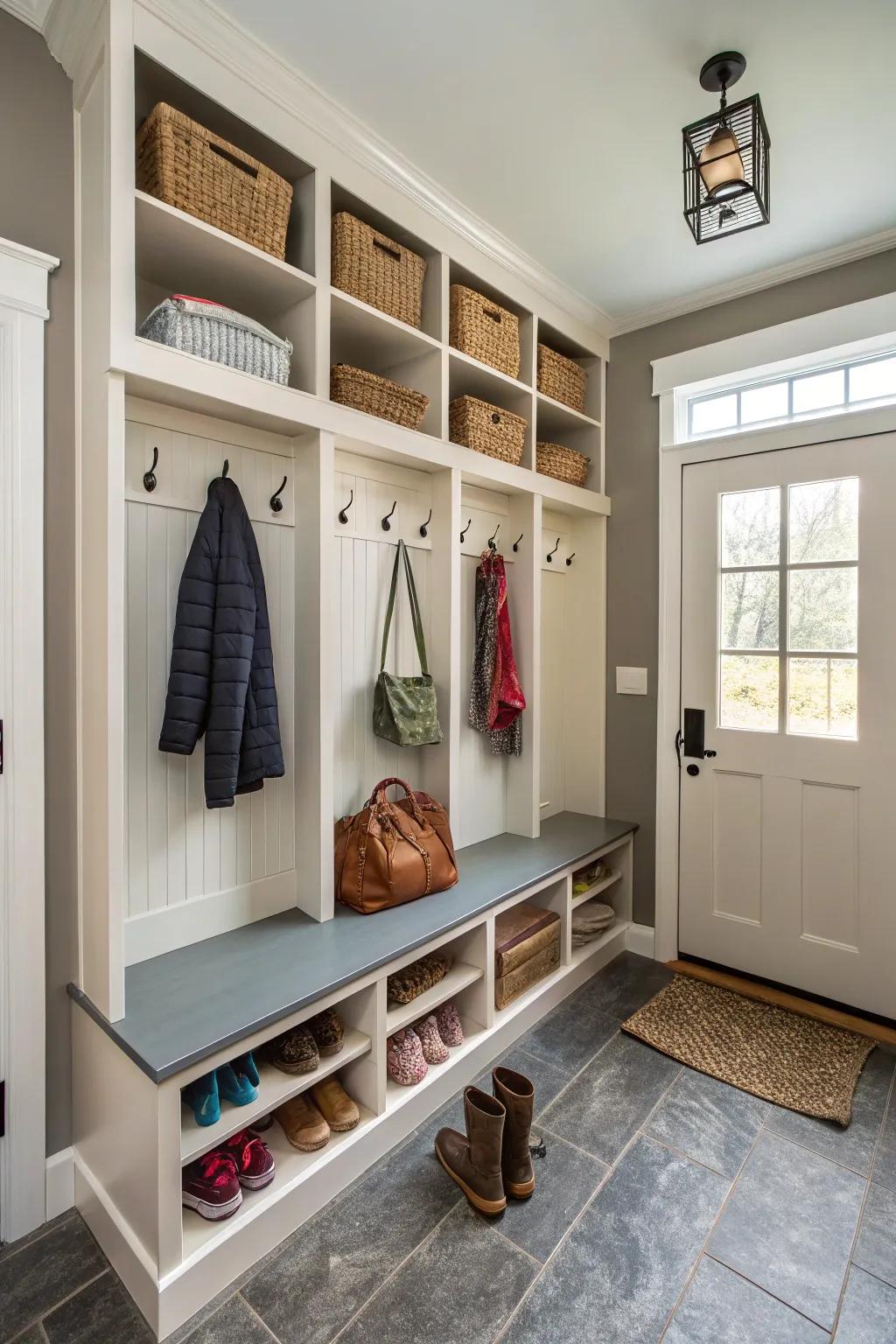 Mudroom fashioned as a mini-closet with plentiful storage.