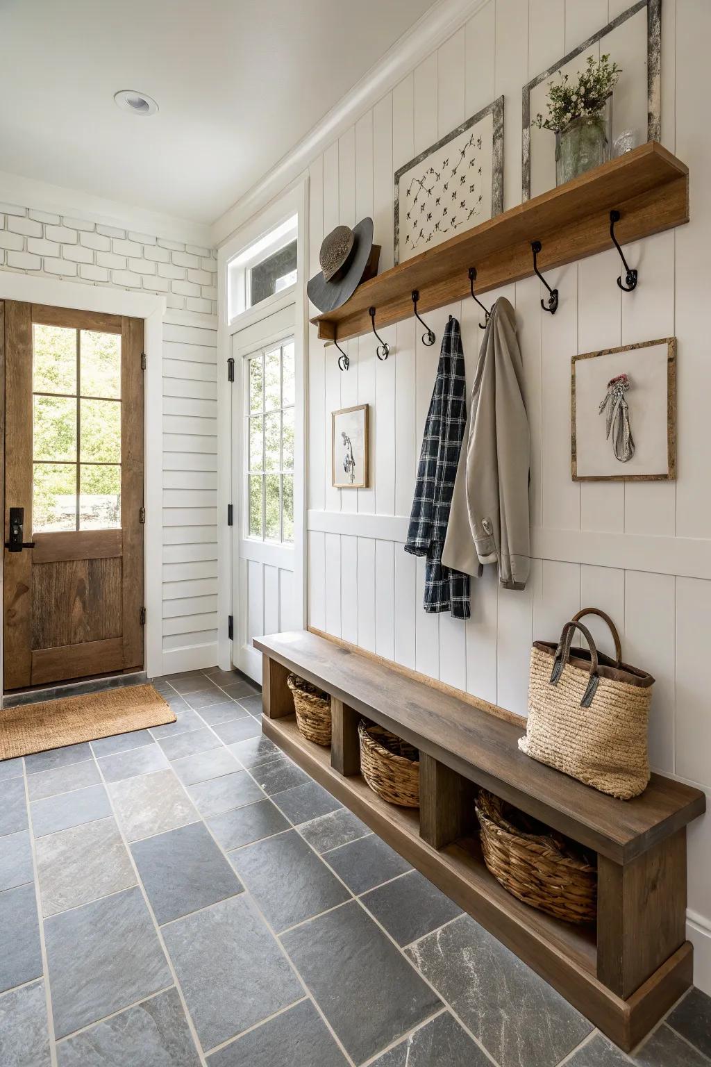 Combining surfaces for an engaging mudroom design