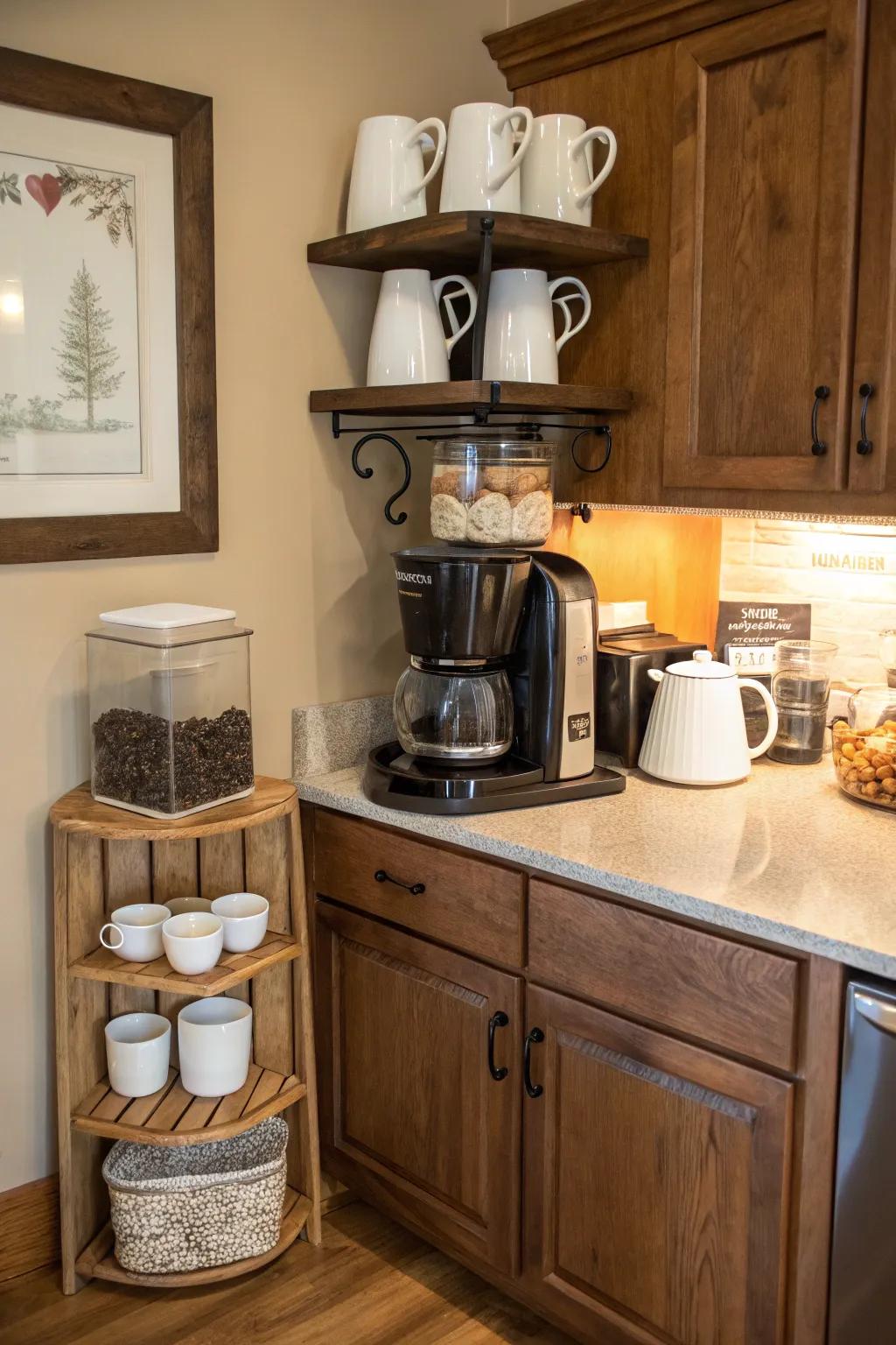 Fashion an inviting coffee nook with integrated mug storage.