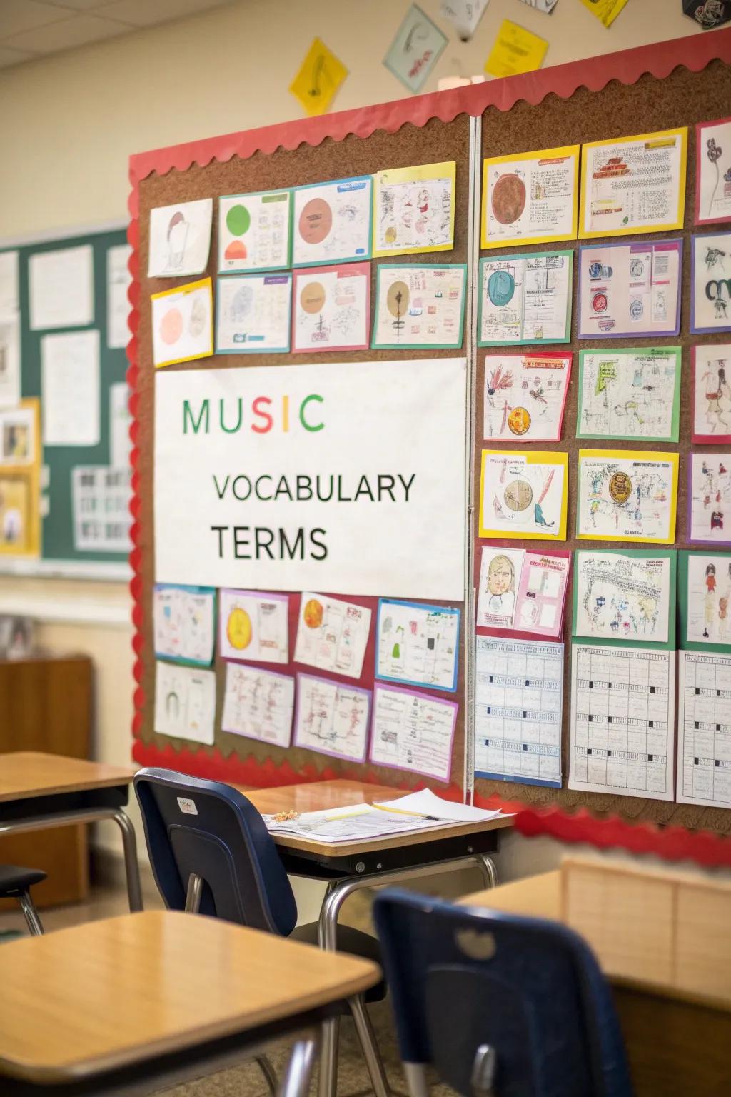 An educational bulletin board dedicated to musical terminology.