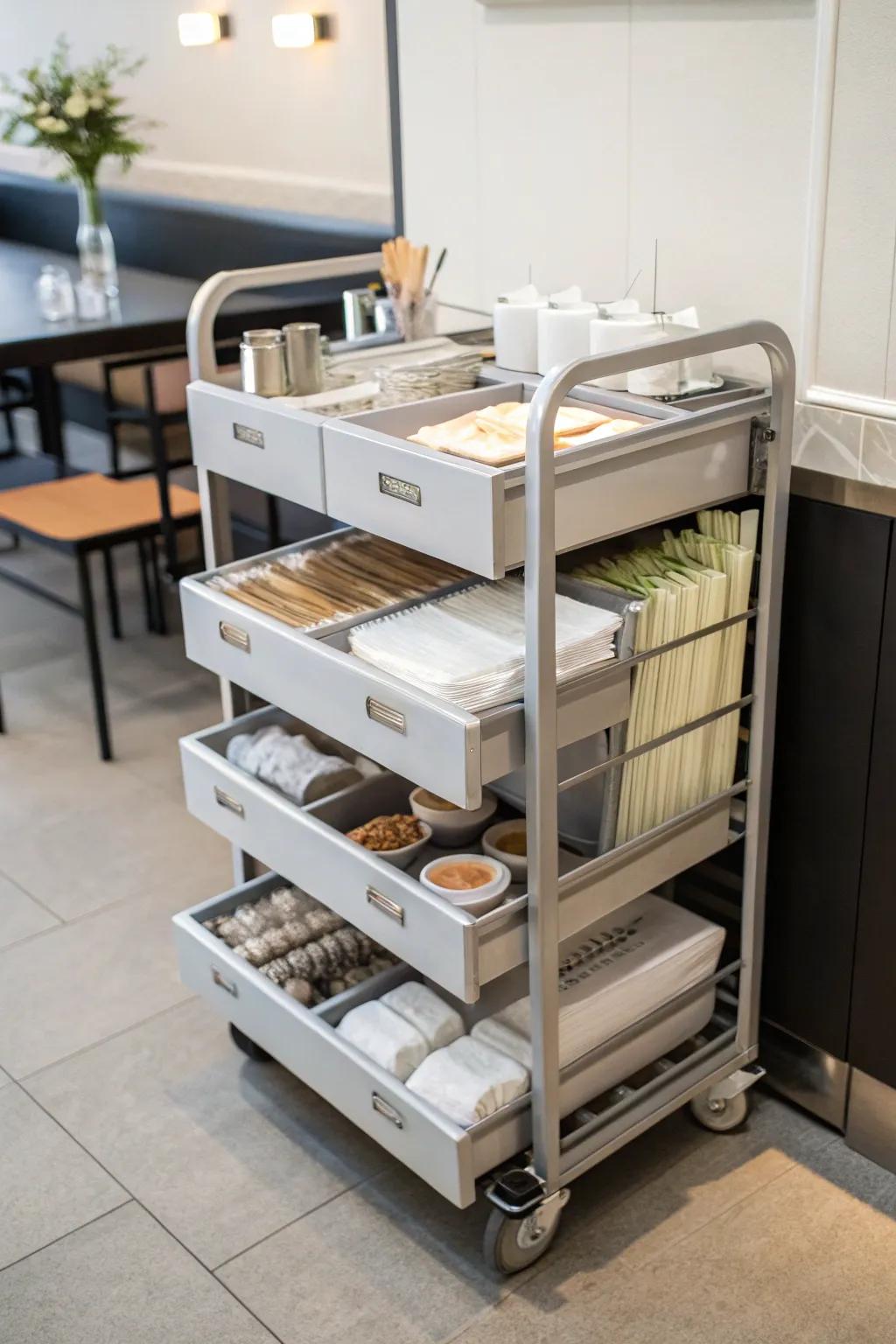A portable solution for napkin storage featuring a practical rolling cart.