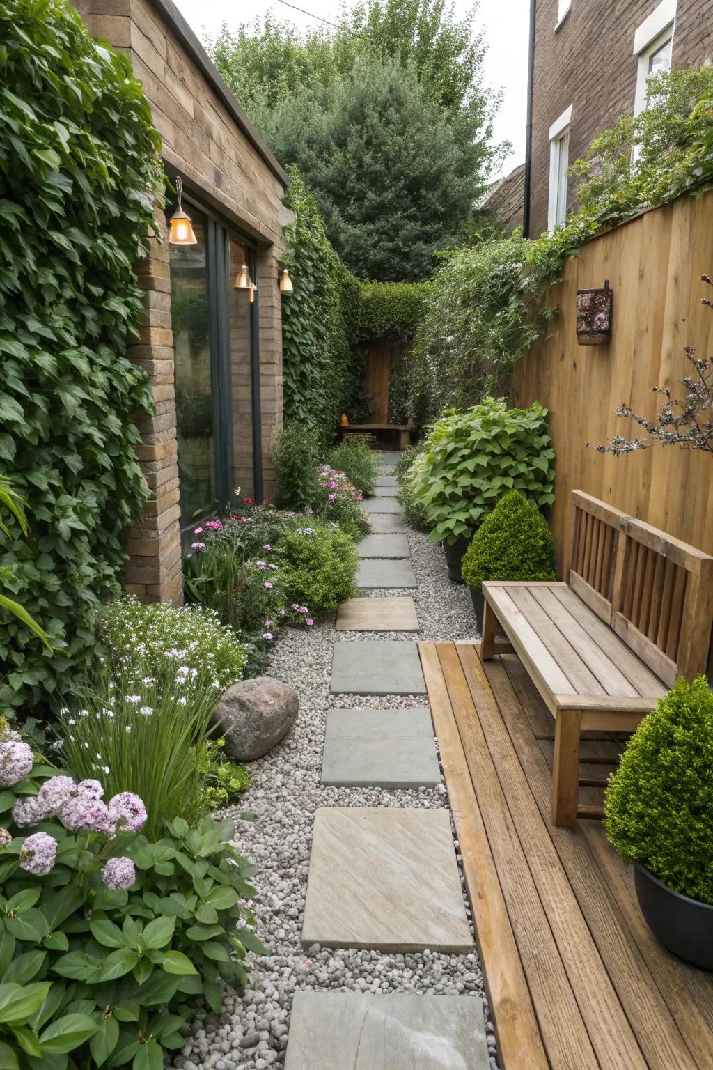 A blend of materials introduces surface and fascination to a slim garden.