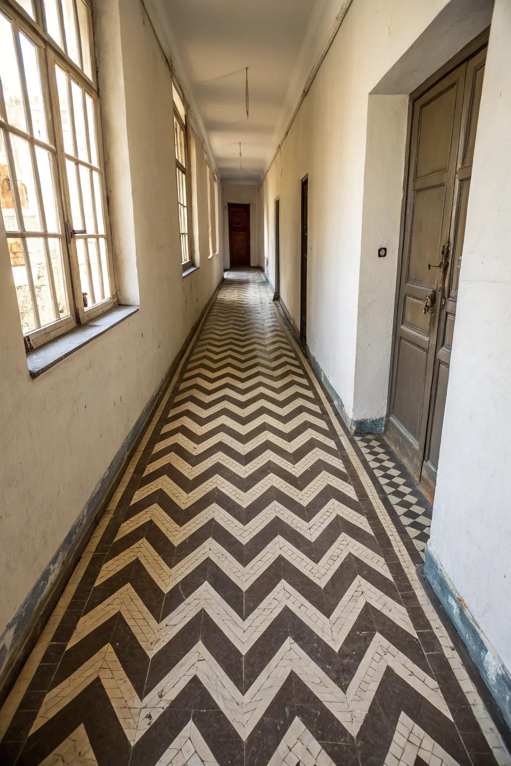 Zigzag patterns can visually lengthen the appearance of a narrow hallway.