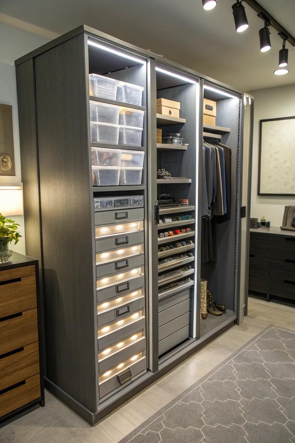 Modular storage solutions in a slim cabinet for adaptable organization.
