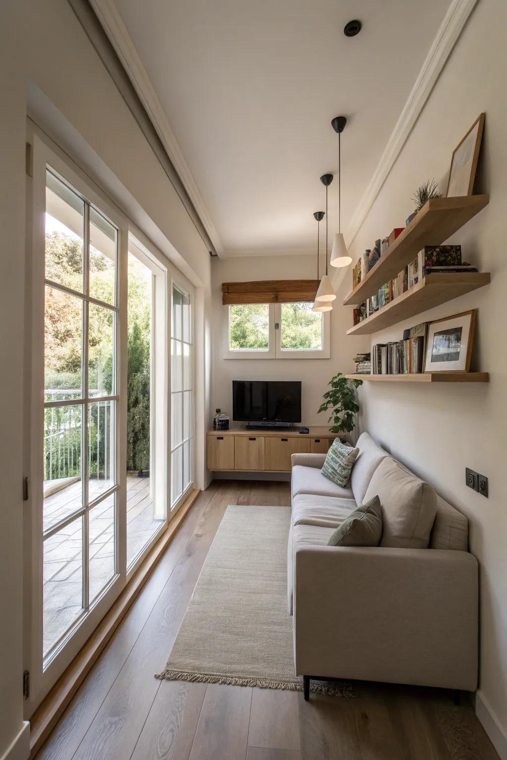 Furniture arranged to float, promoting enhanced fluidity throughout a limited living area.