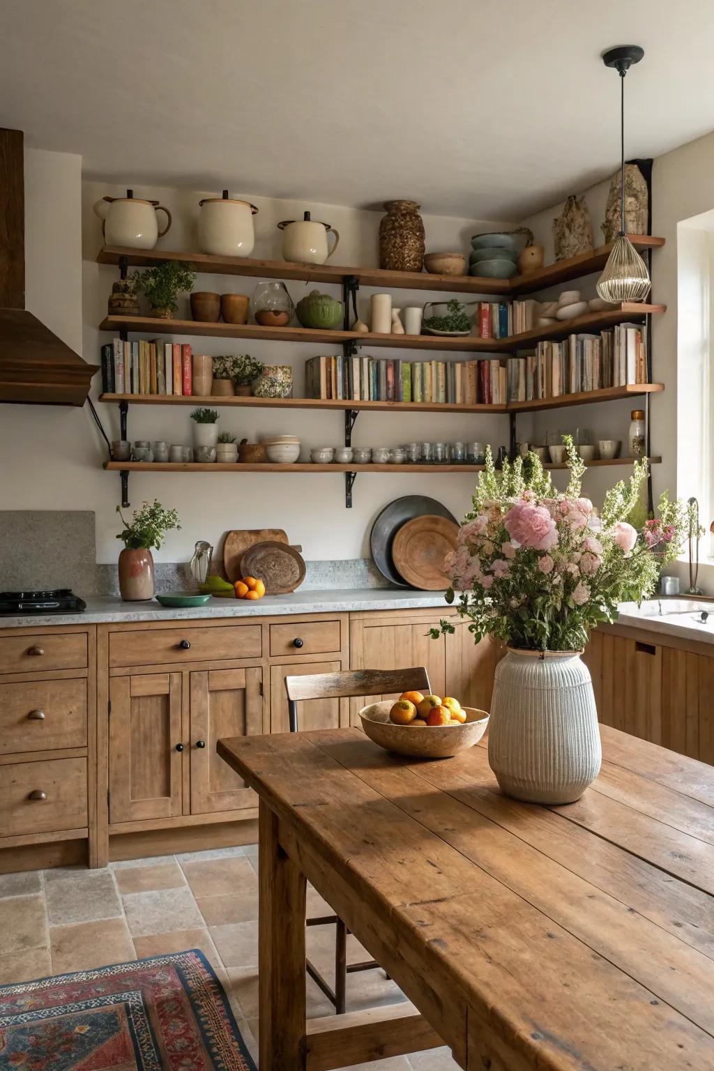 Open timber shelves showcasing countryside accessories.