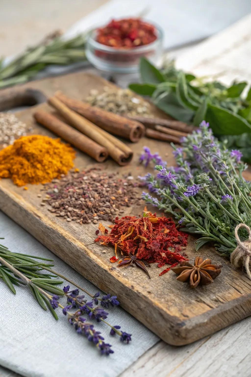 A fragrant collage utilizing dried herbs and spices.