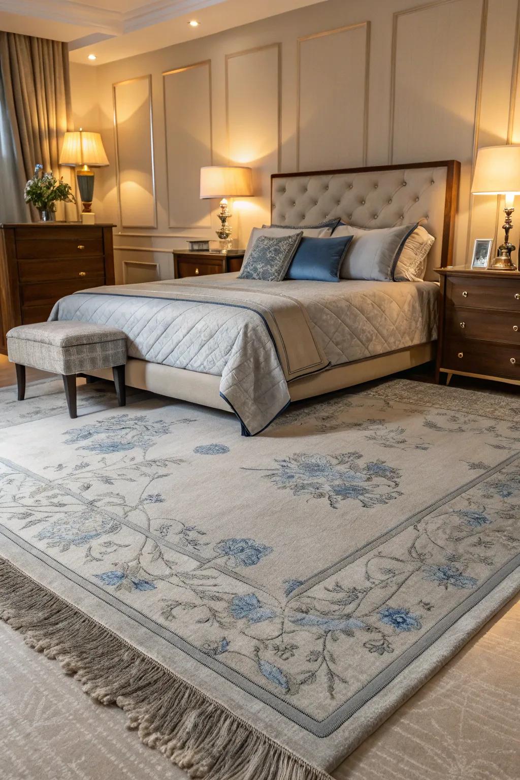 A graphite floor rug, embellished with azure accents, perfectly anchors this stylish bedroom.