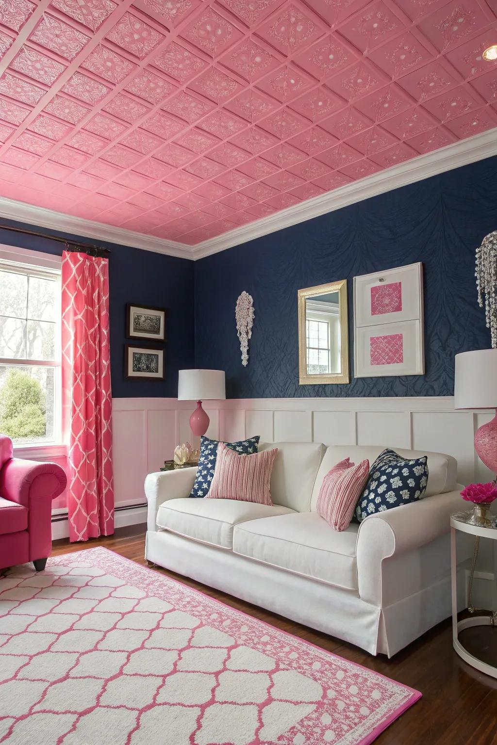 A pink ceiling adds an unexpected twist to traditional decor.