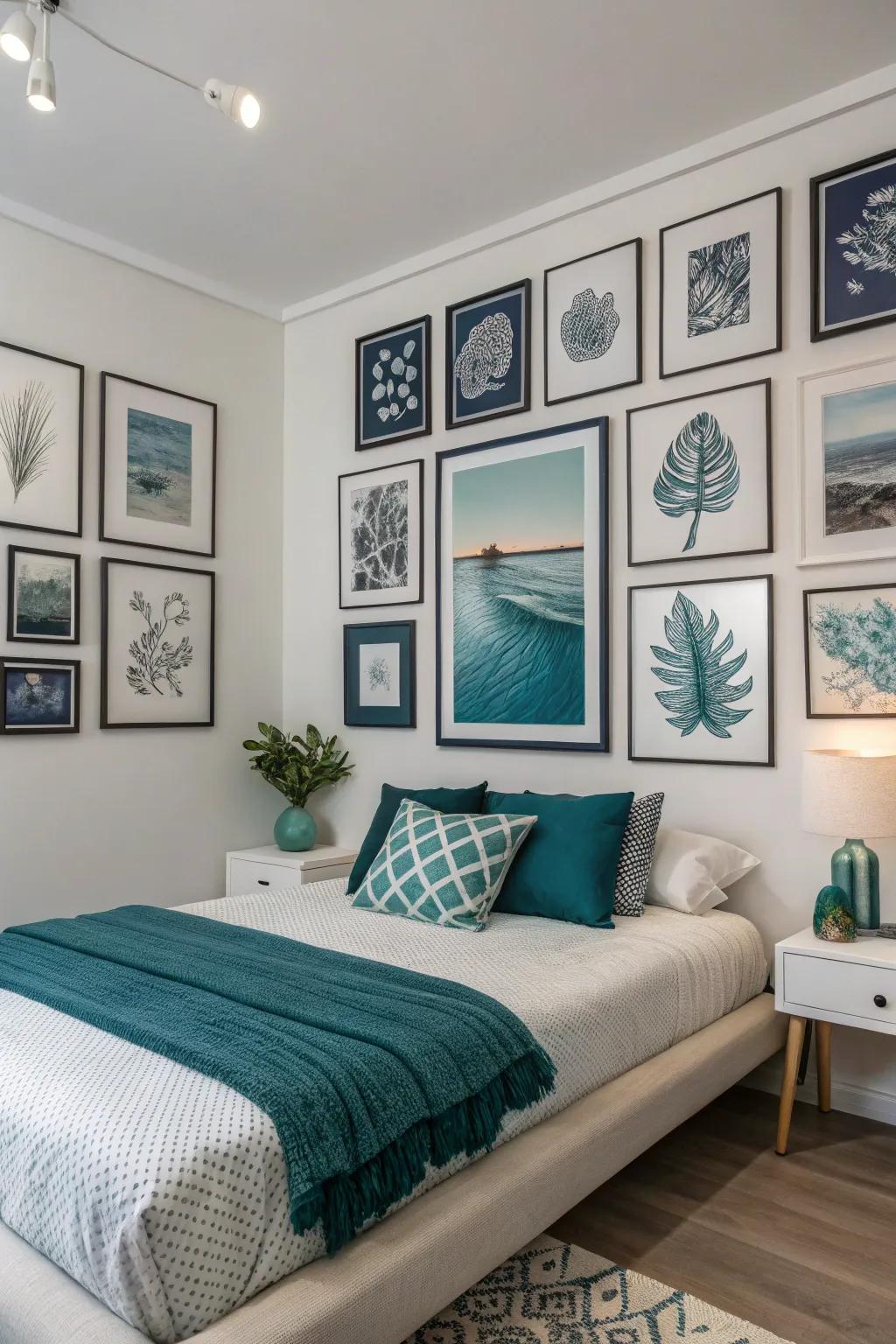 A display wall injects personality while preserving color harmony.