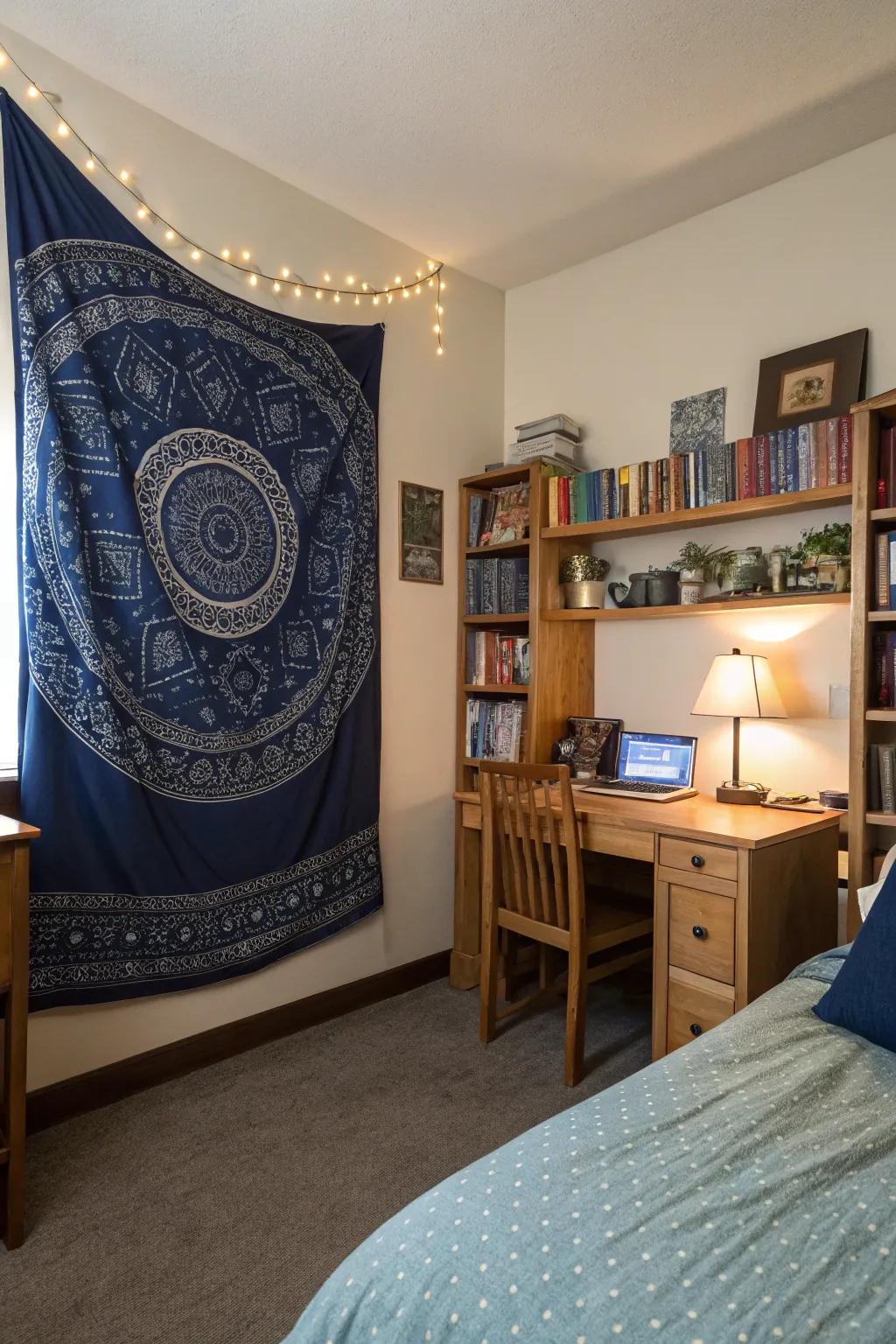 A bohemian tapestry adds texture and personality to your dorm decor.
