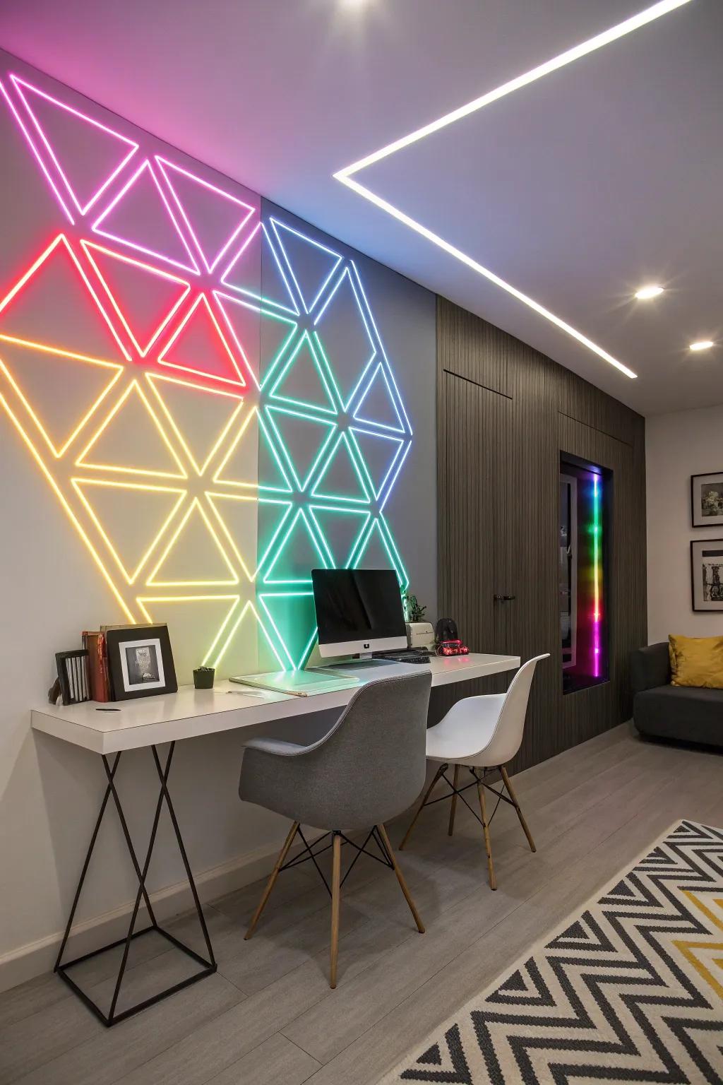 Bold geometry with neon flair.