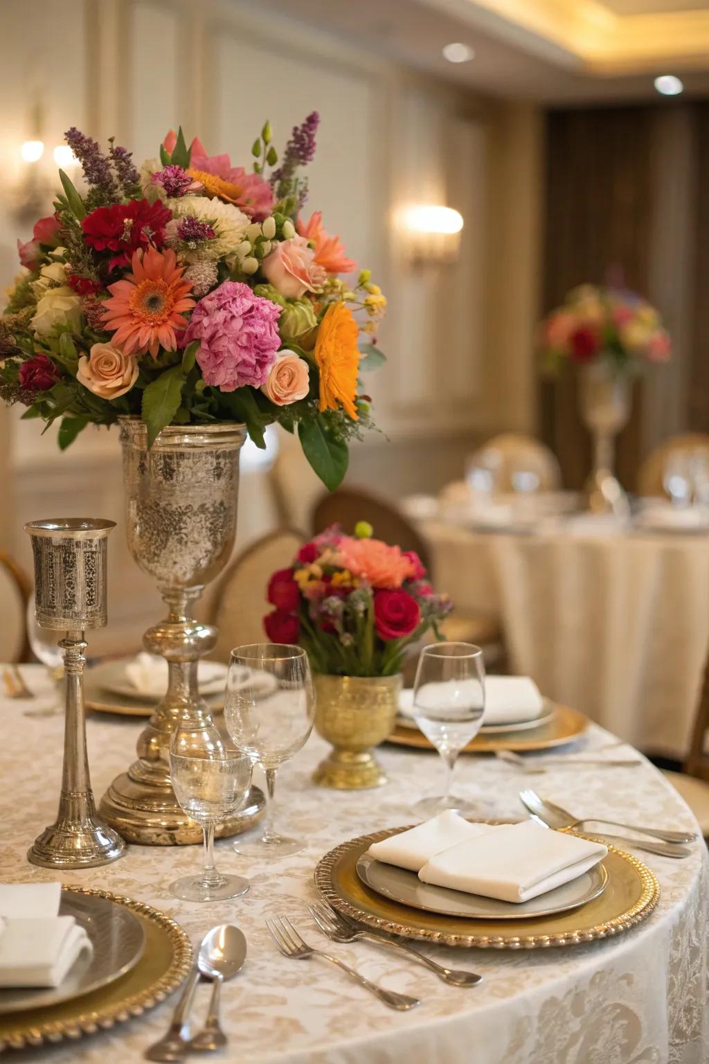 Floral centerpieces in metallic vases add a modern twist.