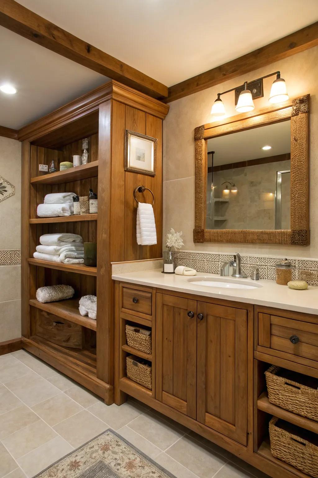 Warm wood accents in a bathroom adding texture and contrast.