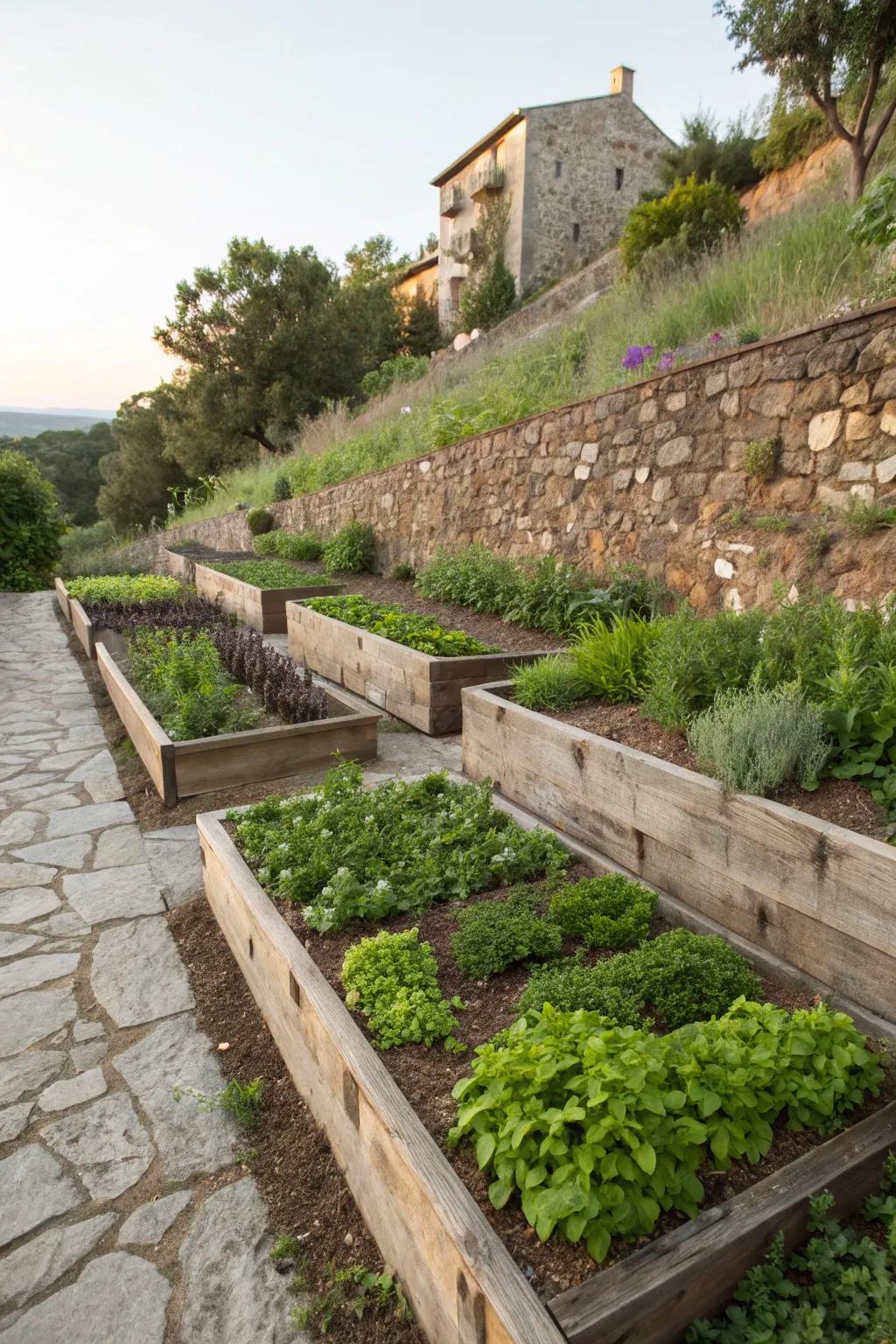 A practical and lovely garden with elevated beds on a slope.