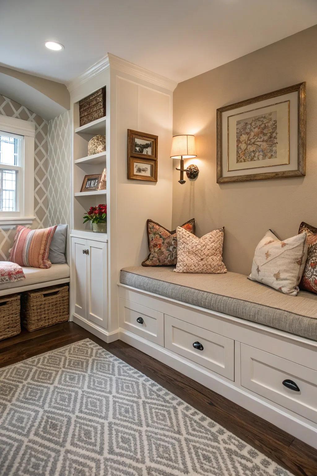 A stylish nook featuring built-in drawers for discreet storage solutions.