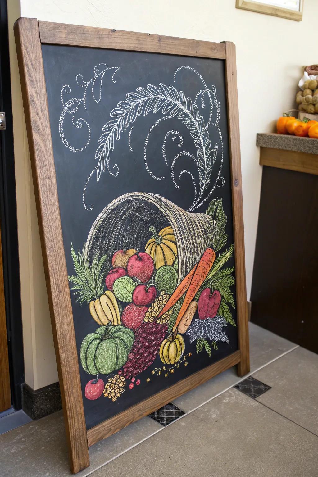 An elegant cornucopia whiteboard design symbolizing opulence.