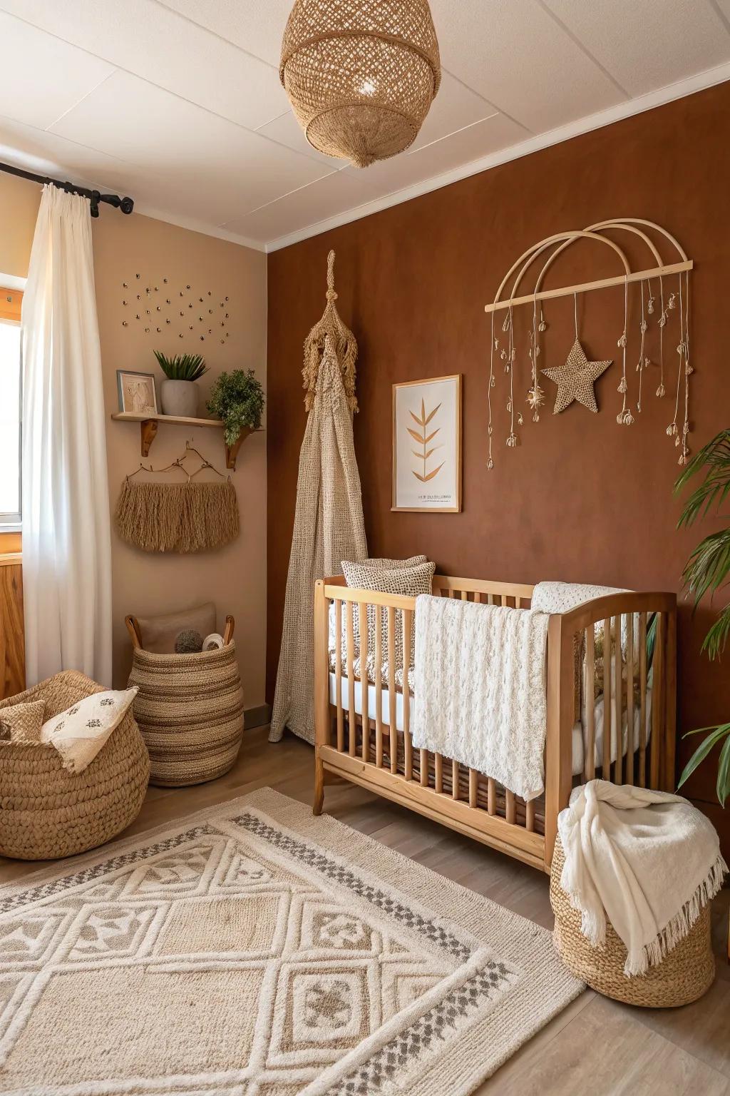 A cozy nursery featuring warm brown tones.