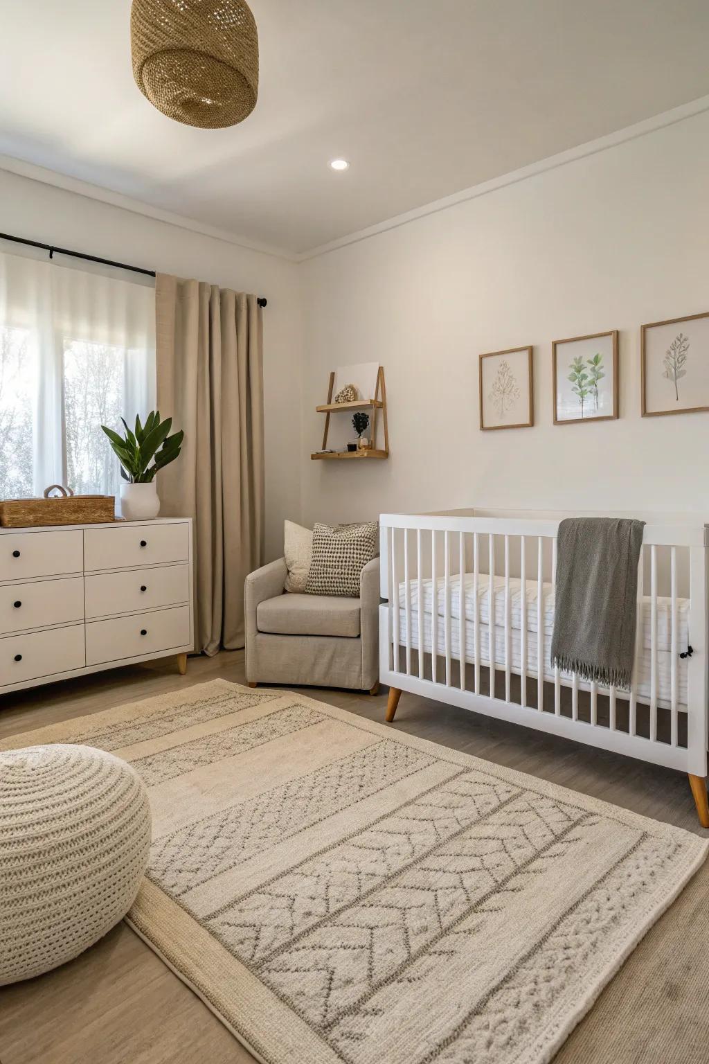 Minimalist floor coverings enhance a clean and calm nursery environment.