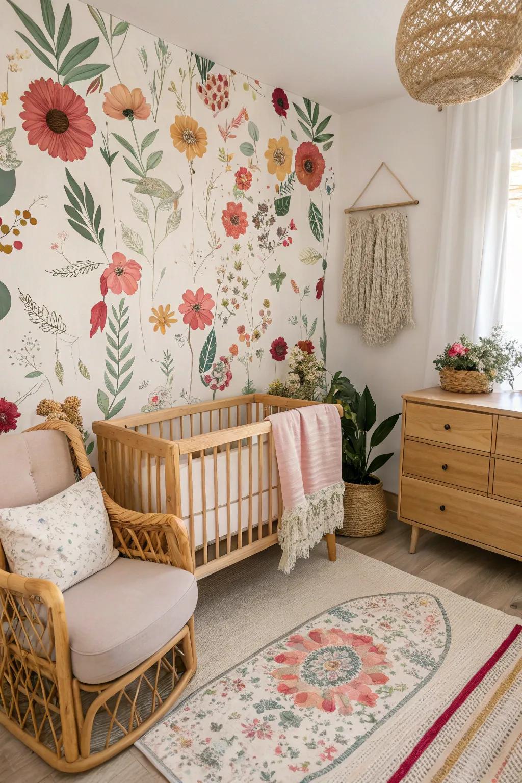Blossom into loveliness through a floral dreamscape nursery.