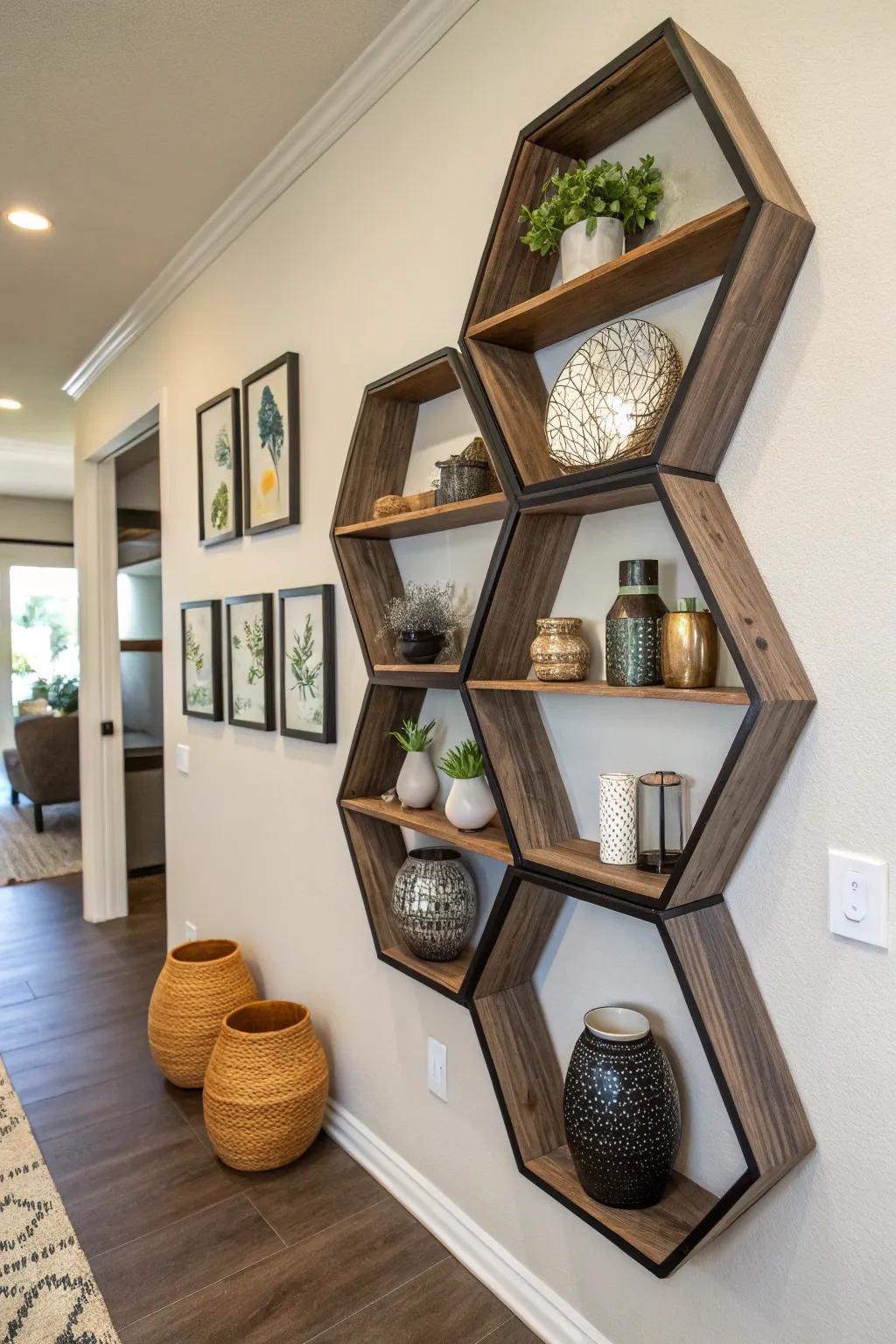 Floating octagon shelves create a seamless look.