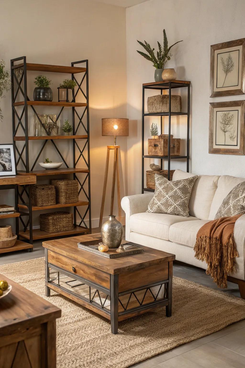Embellishments introduce warmth and equilibrium to an off-white area.