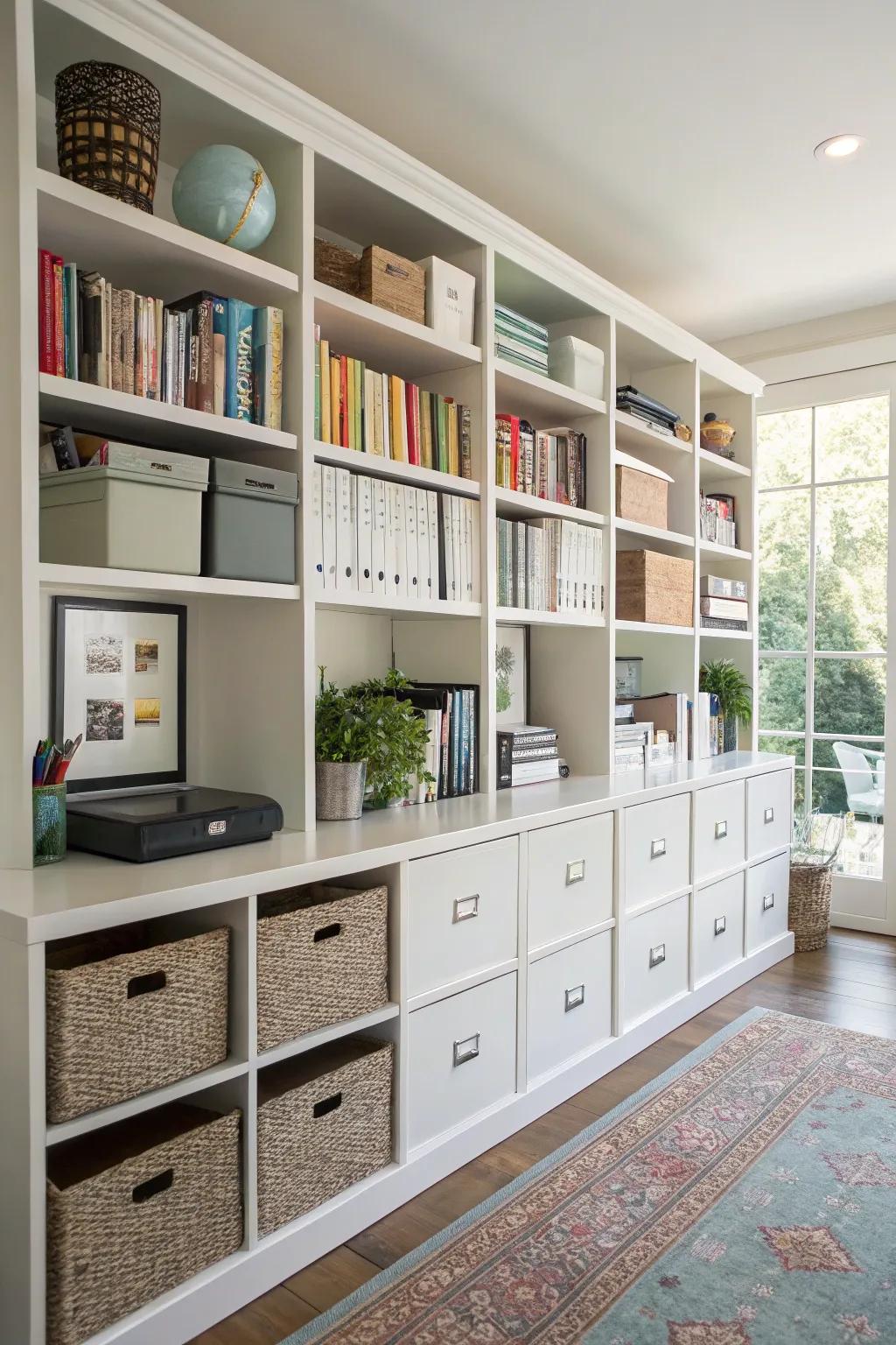 Generous shelving for prime office organization.