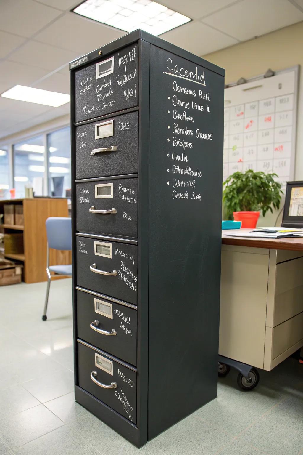 Chalkboard file units make organization fun.