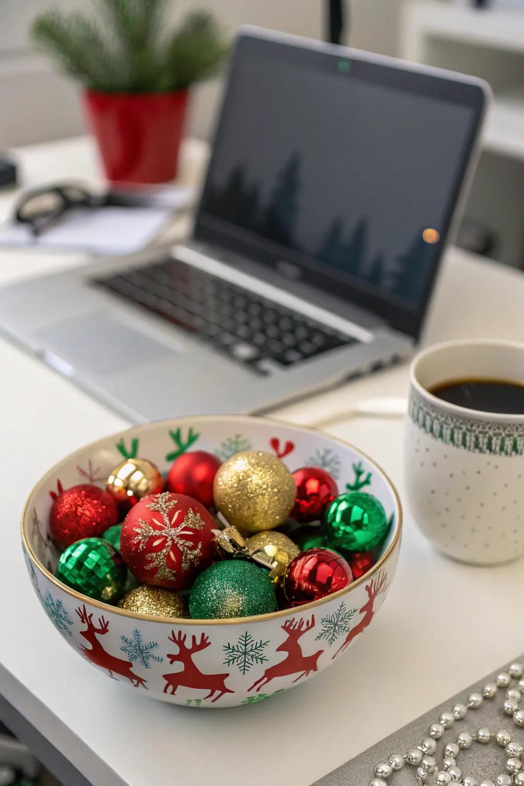 A bowl of trinkets makes for a stunning festive centerpiece.