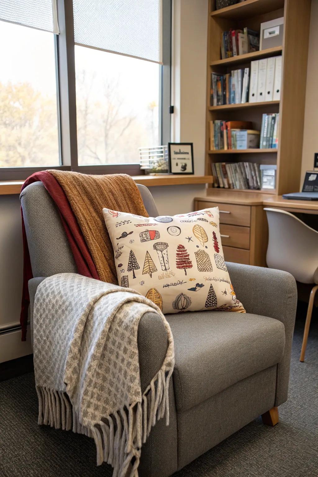 Personalized cushions and a throw add a unique touch to this office reading chair.